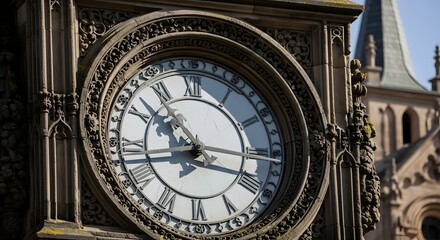 close-up of an antique clock with roman numerals, ornate golden frame, vintage mechanical clock hands, classic european design, dramatic lighting, high detail, photorealistic, macro photography