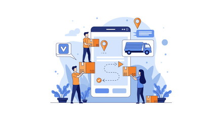 Logistics and delivery service app interface with people and packages.