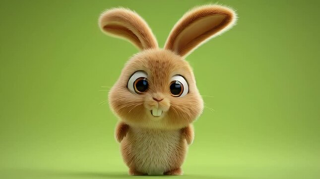 Cute Animated Brown Bunny Jumping on Green Background