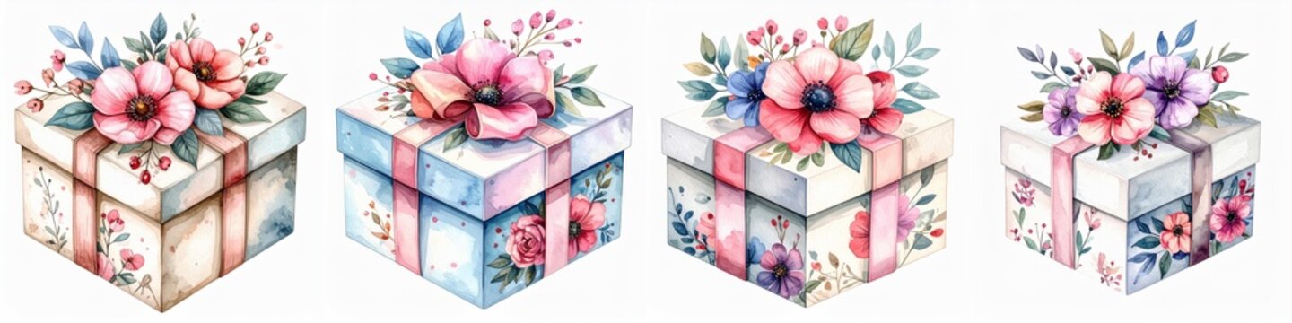 Watercolor gift boxes adorned with delicate floral arrangements and elegant ribbons festive celebration present illustrations isolated on white background