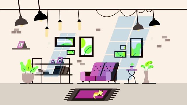 None Vector illustration of a modern living room with purple sofa and hanging lamps