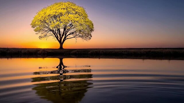 A solitary tree with vibrant yellow foliage stands majestically against a breathtaking sunset sky, its striking silhouette perfectly reflected in the calm, reflective waters below. Gentle ripples on t
