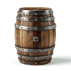 Fototapeta premium An aged, wooden, cylindrical container with metal bands and a handle, isolated
