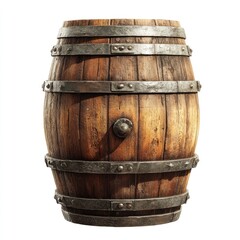 Obraz premium Aged wooden barrel with metal bands and a spigot, isolated on white