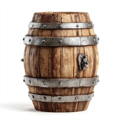 Obraz premium Rustic wooden barrel with metal bands, aged texture, on white