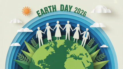Fototapeta premium Earth day 2026 illustration of diverse people holding hands around the globe with green leaves and blue rainbow sunny sky