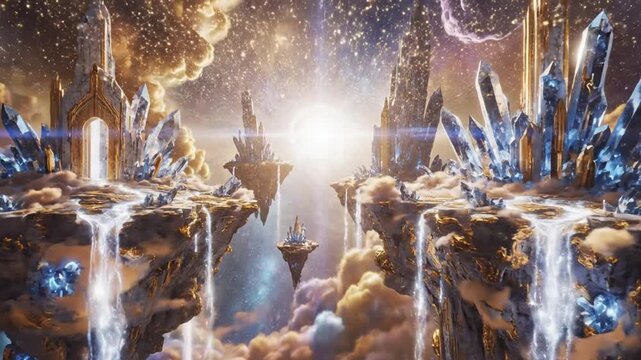 Subject: fantasy skyroot citadel floating above celestial clouds with crystalline spires and radiant sunrise