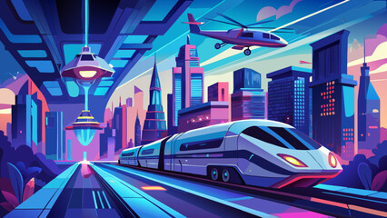 Obraz premium Future Electric Transportation Concept with Autonomous Car Train and Drone
