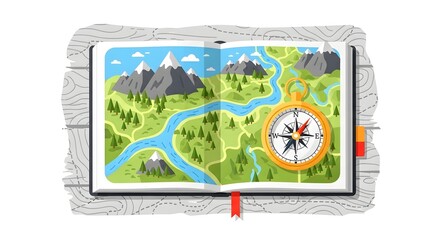 Detailed green and blue topographic map in an open book with a golden compass for adventure planning