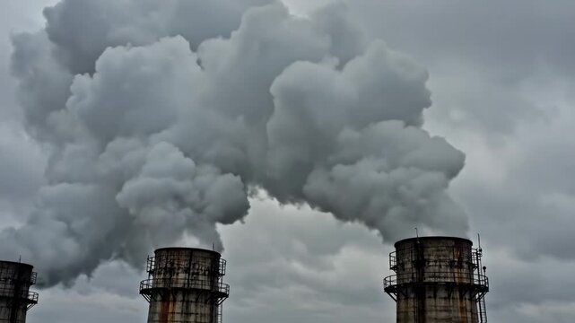 Industrial pollution from factory smokestacks on a cloudy day.