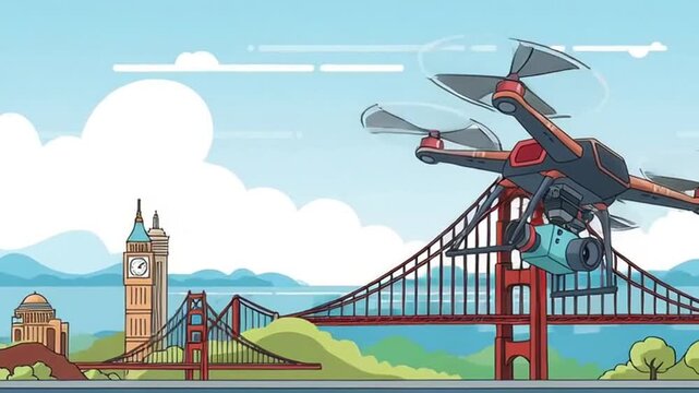 Drone Flying Over Famous City Landmarks Illustration.