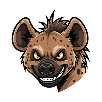 Cartoon illustration of a spotted hyena's head with a menacing expression on a white background