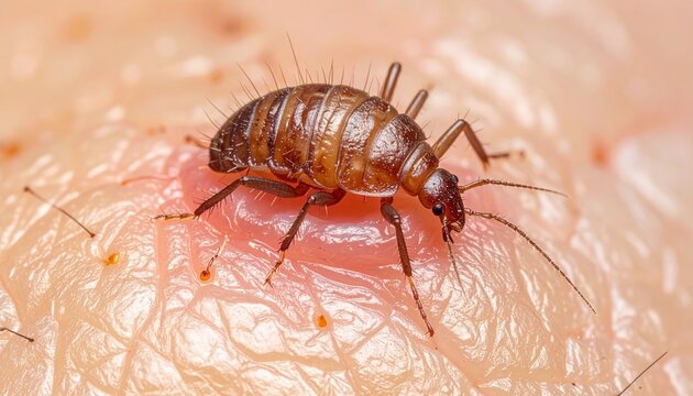 Close-up of a bed bug biting human skin, showing an allergic reaction and skin irritation.
