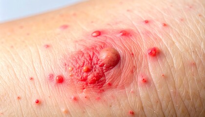 Fototapeta premium Close-up of a severe skin rash with red blisters and inflammation, indicating a medical condition or allergic reaction.