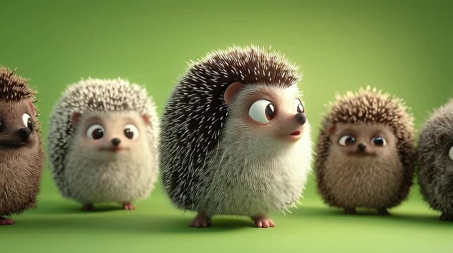 Cute 3D Animated Hedgehogs Standing in a Row on Green Background