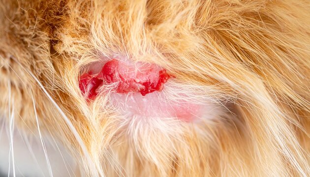 Close-up of a cats skin with a visible wound, showing irritation and fur loss, indicating a skin condition or injury.