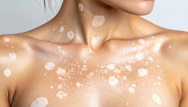 Close-up of a womans chest and shoulders with vitiligo, showing depigmented skin patches.