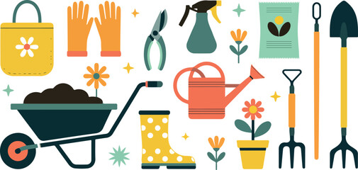 Colorful Gardening Tools and Spring Plants Illustration Set Featuring Wheelbarrow, Watering Can, Gloves, Boots, Pots, and Flowers in Flat Vector Style © Rafad_Studio