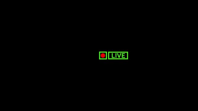 A black background displays a red record button and green live text