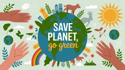 Fototapeta premium Hands surrounding earth with eco friendly icons and 'save planet go green' text on a light green background