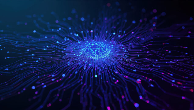 Glowing neural network core with radiating data pathways in blue and purple