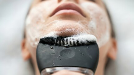 Obraz premium Woman washing chin and neck with electric silicone cleansing brush and foam