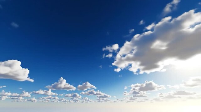 Bright sun shines through a clear blue sky filled with f white clouds