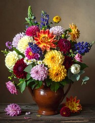 Obraz premium A vibrant floral arrangement in a brown vase on a wooden table
