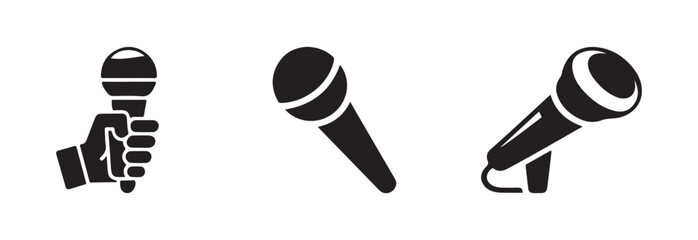 Three distinct black vector icons illustrating various styles of handheld microphones often used for singing speaking or vocal recording purposes © FARJANAAKTER