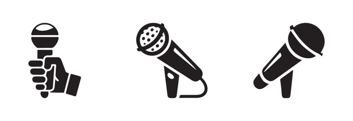 Group of three microphone symbols showing handheld vocal recording devices in various tilted and dynamic artistic positions © FARJANAAKTER
