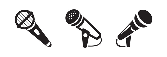 Group of different microphone styles including stand mounted and handheld types representing sound recording concepts © FARJANAAKTER