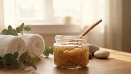 Natural sugar body scrub in glass jar with wooden spoon for organic skincare exfoliation spa wellness self care beauty routine and homemade cosmetic product photography