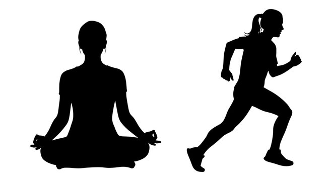 Contrast between meditation and dynamic physical activity in silhouette form Vector, illustration
