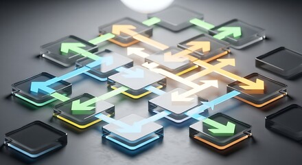 A 3d rendering of a network of connected squares with colorful arrows