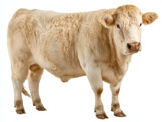 Large white charolais bull standing majestically, isolated on a white background