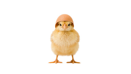 Fototapeta premium A delightful fluffy yellow chick stands upright on a pristine white background, playfully wearing a cracked eggshell as a tiny, endearing hat, embodying new beginnings, charming innocence, and humor