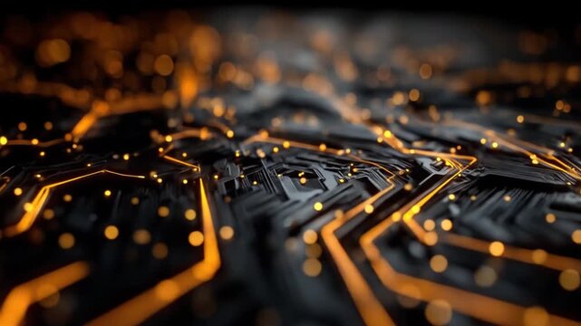 Abstract circuit board close up with illuminated lines and particles