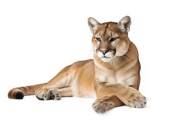 Obraz premium A serene mountain lion resting on a white surface with calm expression