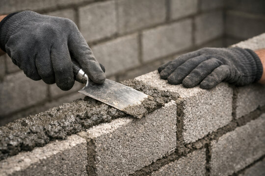 Construction Worker Laying Concrete Cinder Blocks with Trowel
