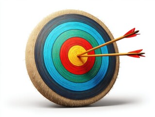 Archery target with two arrows hitting the bullseye on a white background