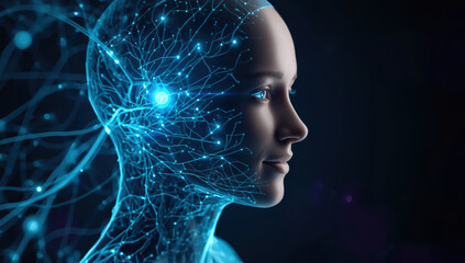 Obraz premium Futuristic humanoid with neural network illumination smiling gently, blue circuitry glow