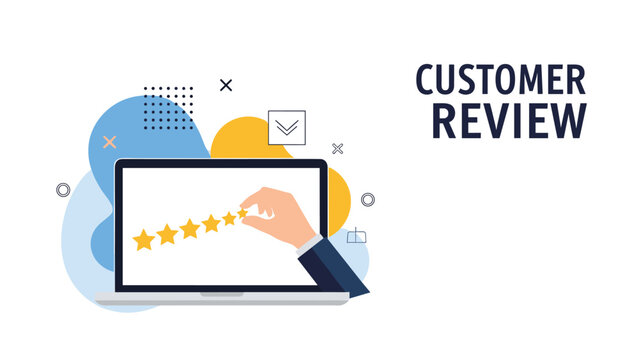 Customer review marketing concept showing a hand giving a star rating on a laptop screen with abstract shapes.