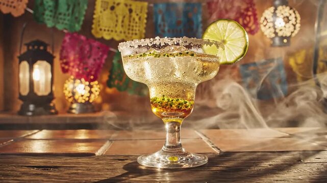 Vibrant margarita glass with lime on a rustic wooden bar backdrop