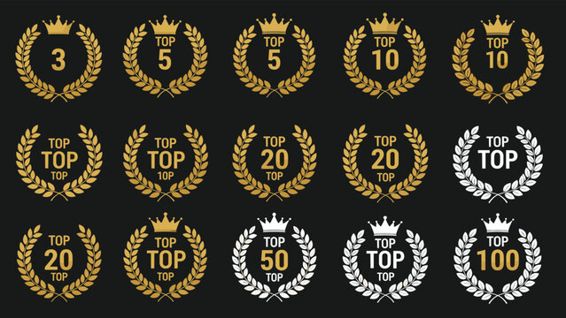 Large set of top ranking labels featuring golden and silver laurel wreaths with crowns and various rank numbers.
