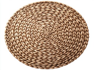 Round woven placemat made of natural light brown straw providing organic texture