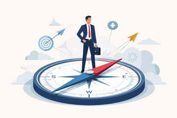 Businessman Standing on Large Compass for Strategic Decision Making and Leadership Direction to Achieve Success, Career Guidance, Professional Growth, and Visionary Management Concept Vector