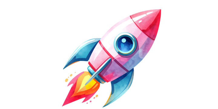 Watercolor art painting colorful 3D featuring A rocket should have an inflated shape rendered cartoon style,watercolor illustration artwork,  paintings,isolated PNG on transparent background.