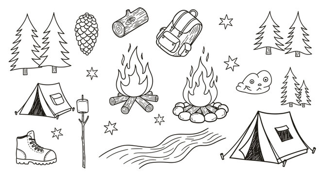 Hand drawn doodle illustration of camping elements including tents trees campfire and hiking boot perfect for outdoor adventure themes