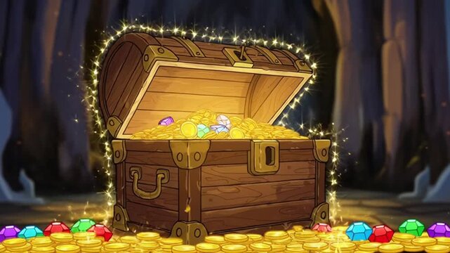 Treasure Chest Overflow with Gold Coins Jewels.