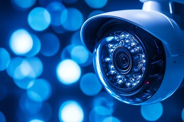 Security Surveillance Bullet Camera with Infrared LEDs and Blue Bokeh Lighting